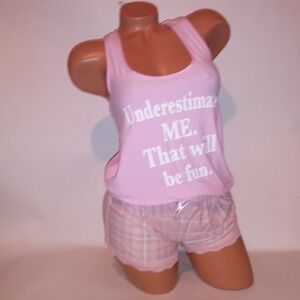 Grumpy & Gorgeous Camisole Set Tank Top & Shorts Medium Pink White Plaid Sleep